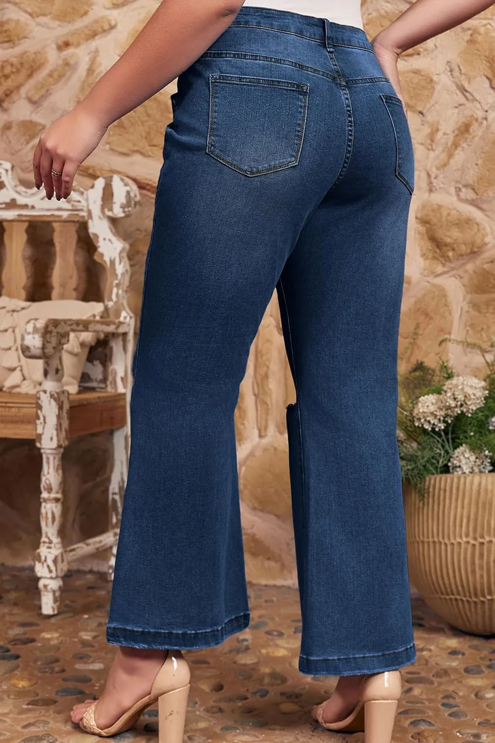 Beautife Womens Plus Size Jeans Bell Bottom High Waisted Wide Leg Ripped Stretch Denim Pants with Pockets