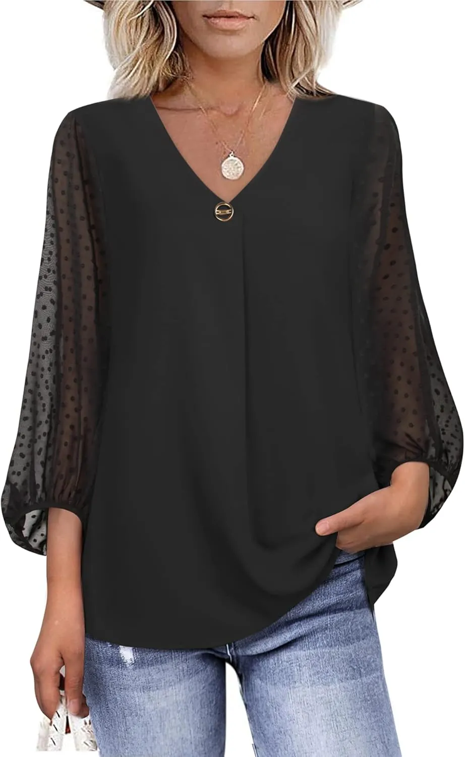 Bebonnie Womens Lantern 3/4 Sleeve Causal Loose V Neck Chiffon Blouses Tops