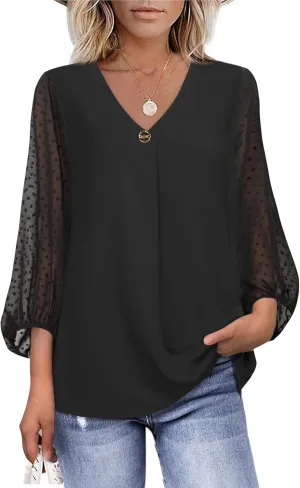 Bebonnie Womens Lantern 3/4 Sleeve Causal Loose V Neck Chiffon Blouses Tops