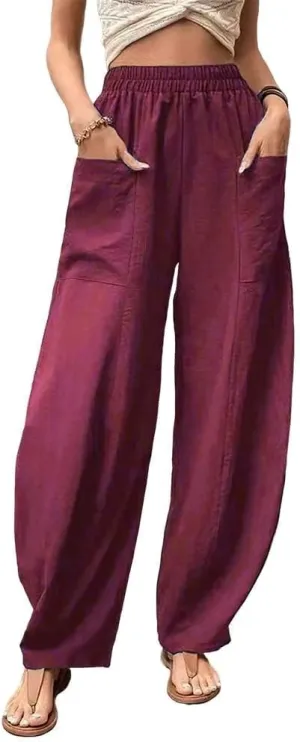 Bengbobar Wide Leg Pants Harem Pants Women High Waist Relaxed Fit Lantern Trousers Cotton Linen Casual Summer Elastic Pants