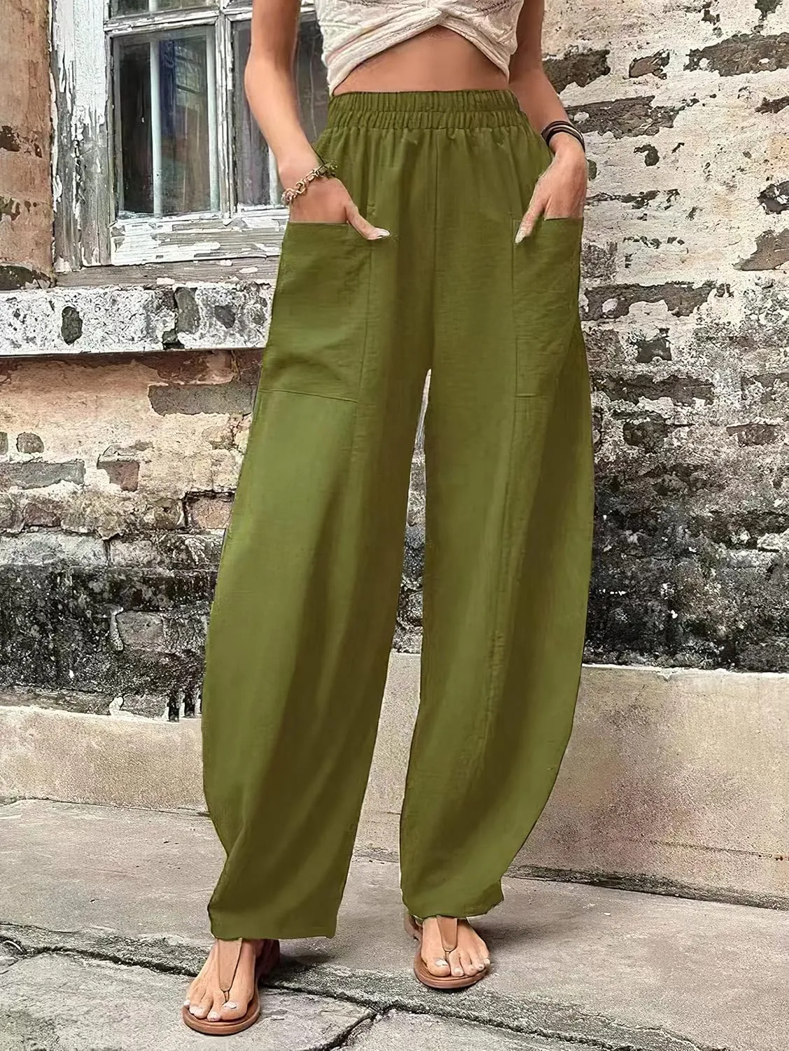 Bengbobar Wide Leg Pants Harem Pants Women High Waist Relaxed Fit Lantern Trousers Cotton Linen Casual Summer Elastic Pants