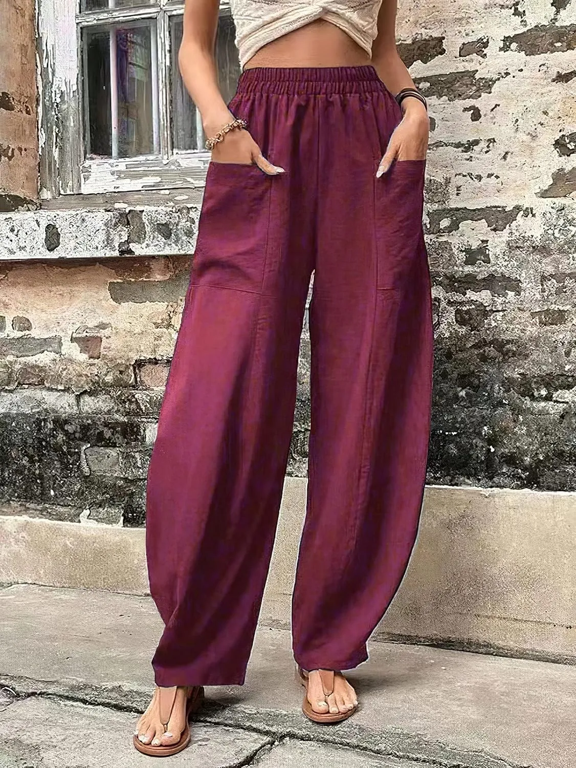 Bengbobar Wide Leg Pants Harem Pants Women High Waist Relaxed Fit Lantern Trousers Cotton Linen Casual Summer Elastic Pants