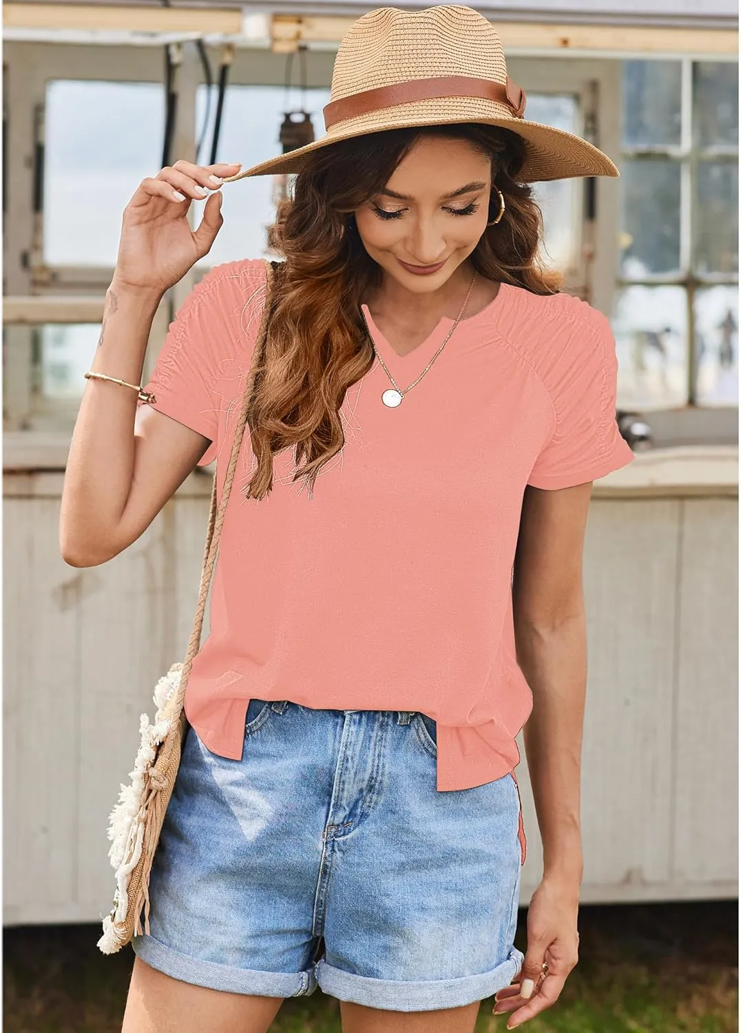 Bluetime Womens Summer T Shirts Casual V Neck Short Sleeve Tops Loose Fit Pleated Sleeve Blouse