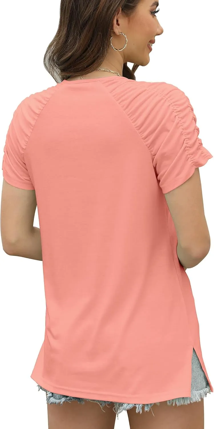 Bluetime Womens Summer T Shirts Casual V Neck Short Sleeve Tops Loose Fit Pleated Sleeve Blouse