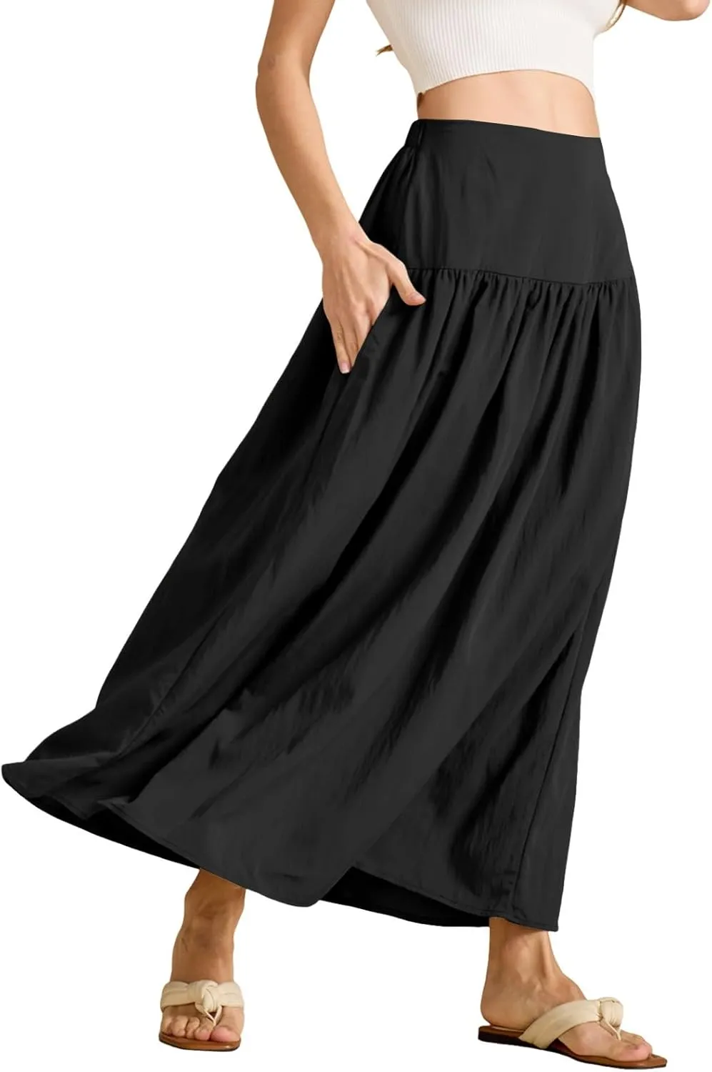 Boho Maxi Skirts for Women Casual High Waisted Swing Flowy Pleated Long Skirt with Pocket