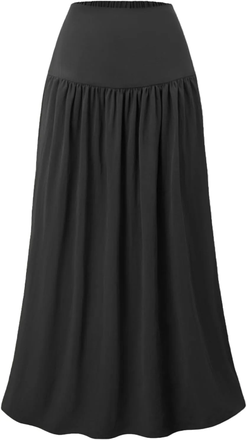 Boho Maxi Skirts for Women Casual High Waisted Swing Flowy Pleated Long Skirt with Pocket