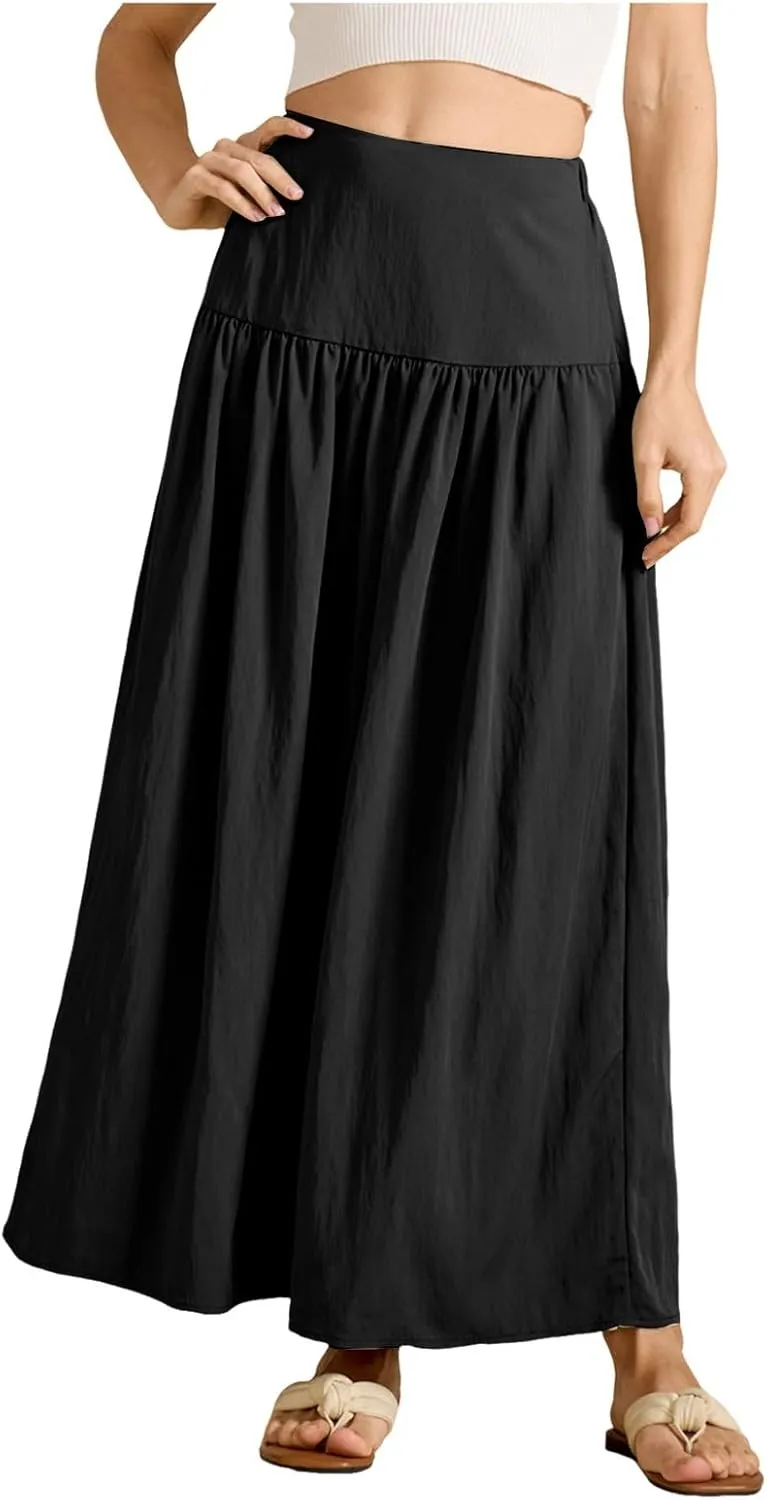 Boho Maxi Skirts for Women Casual High Waisted Swing Flowy Pleated Long Skirt with Pocket