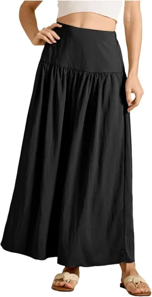 Boho Maxi Skirts for Women Casual High Waisted Swing Flowy Pleated Long Skirt with Pocket