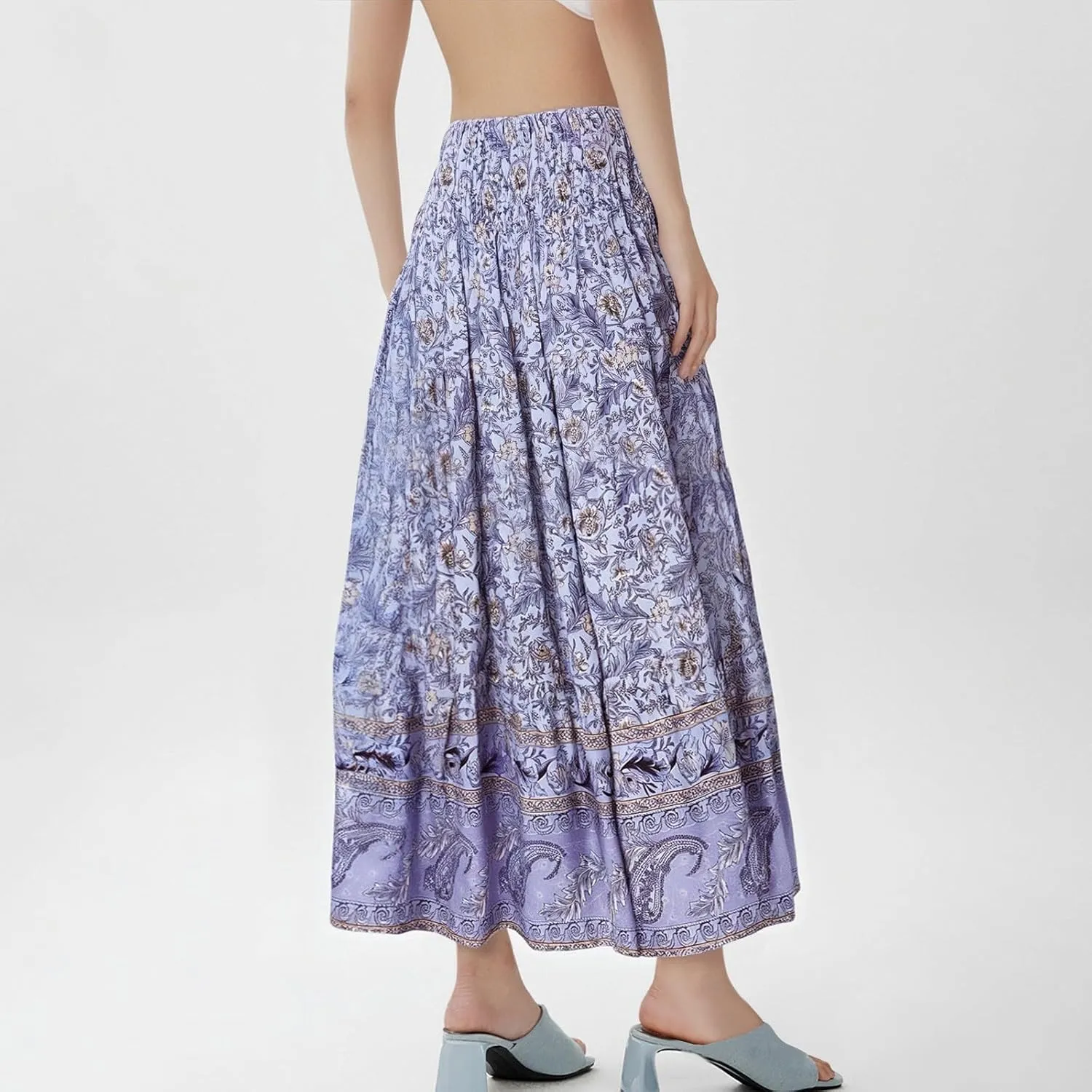 Boho Skirts for Women 2025 Vintage Floral Print Maxi Skirt Elastic High Waist Pleated Flowy Ruffle Beach Dresses