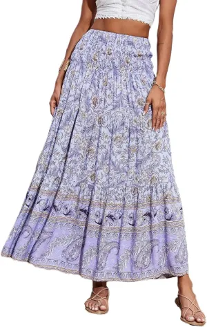 Boho Skirts for Women 2025 Vintage Floral Print Maxi Skirt Elastic High Waist Pleated Flowy Ruffle Beach Dresses