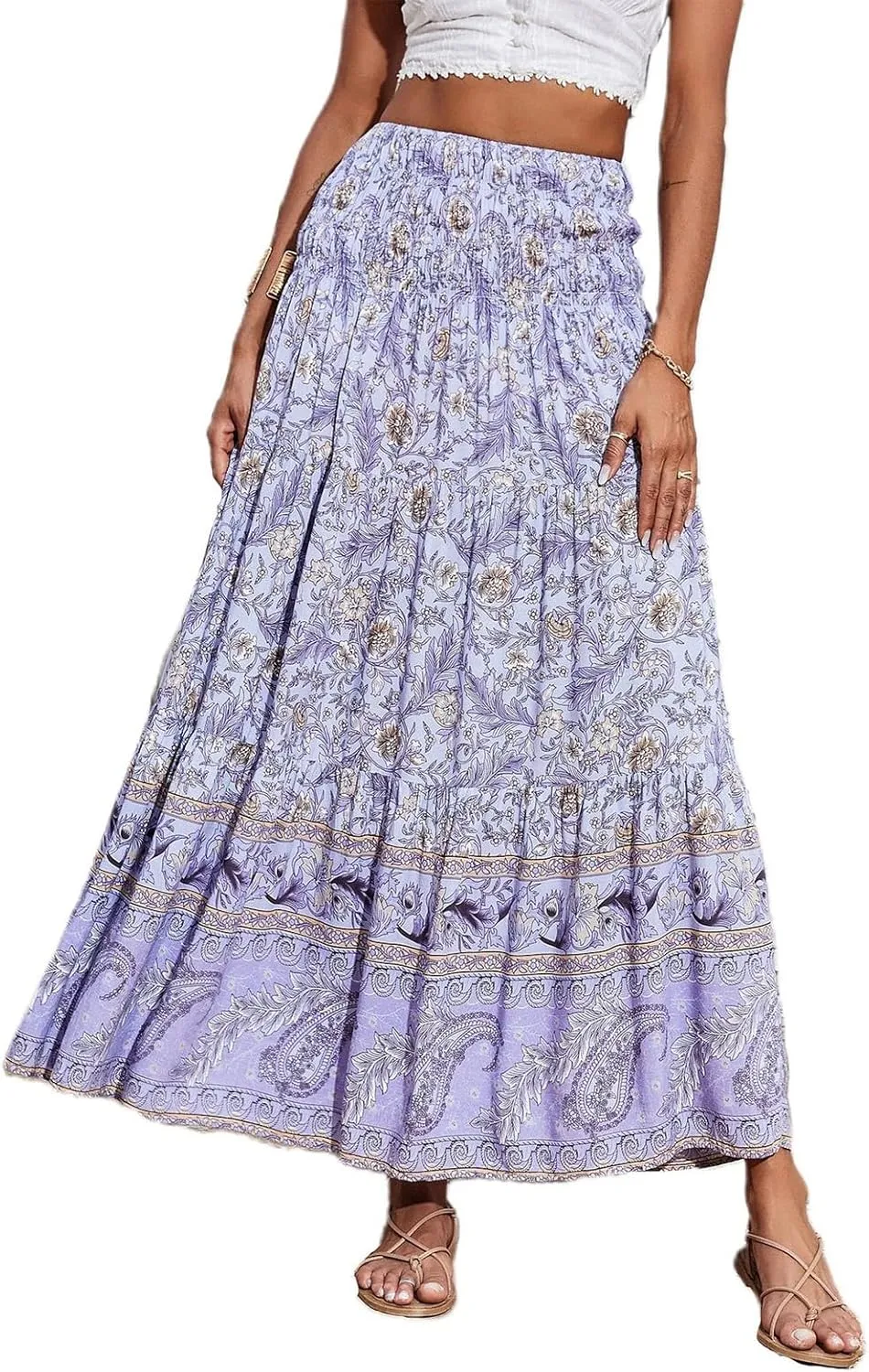 Boho Skirts for Women 2025 Vintage Floral Print Maxi Skirt Elastic High Waist Pleated Flowy Ruffle Beach Dresses