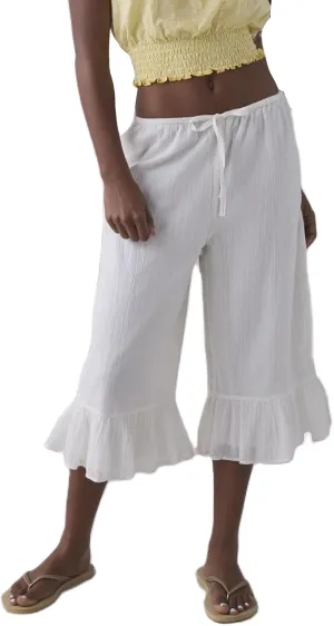 Capris Pants for Women Cotton Linen Wide Leg Drawstring Elastic Waist Ruffled Hem Lounge Beach Cropped Trousers
