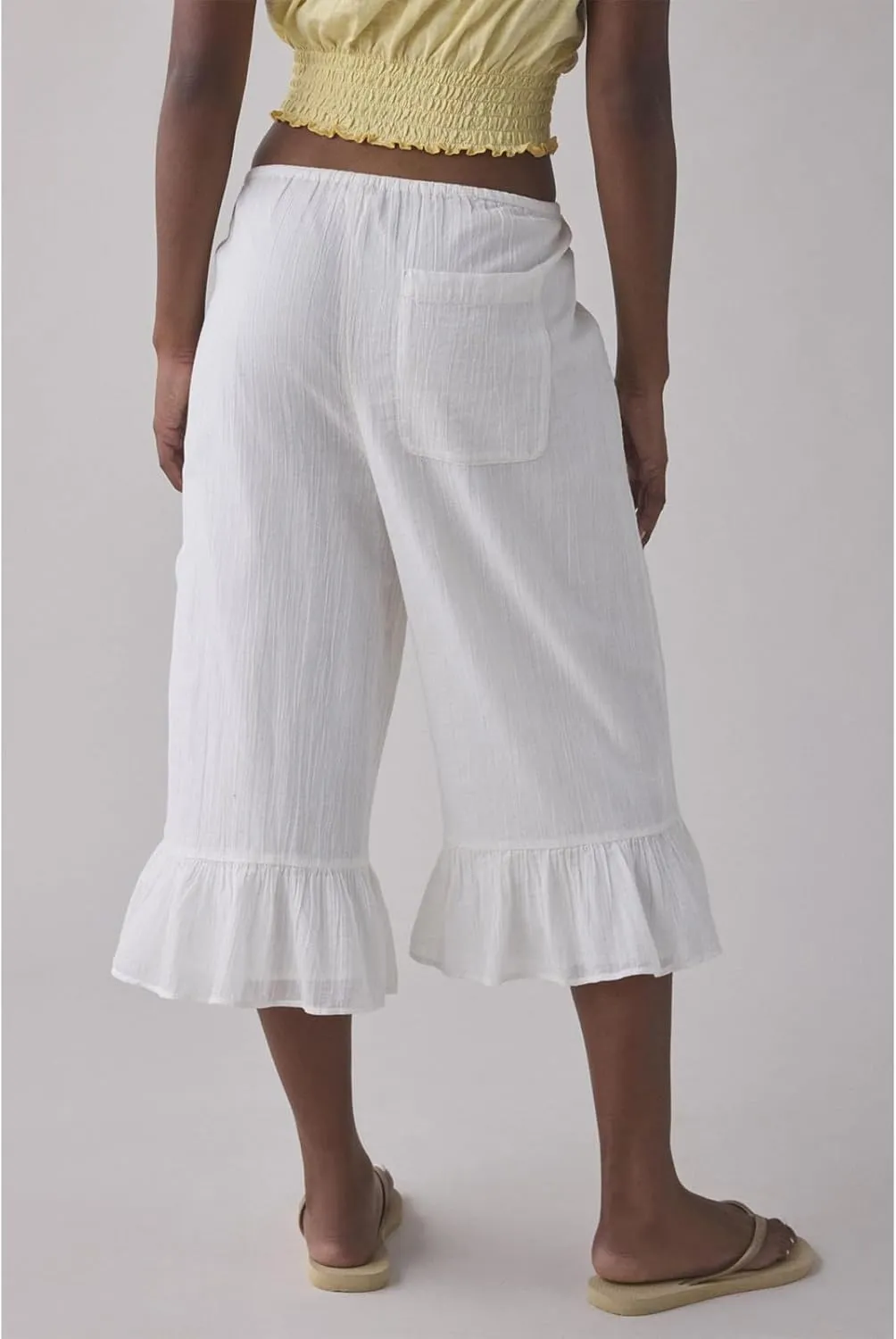 Capris Pants for Women Cotton Linen Wide Leg Drawstring Elastic Waist Ruffled Hem Lounge Beach Cropped Trousers