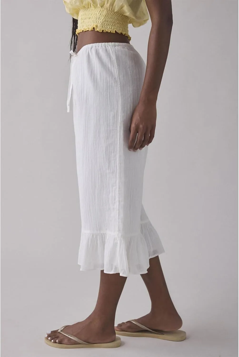 Capris Pants for Women Cotton Linen Wide Leg Drawstring Elastic Waist Ruffled Hem Lounge Beach Cropped Trousers
