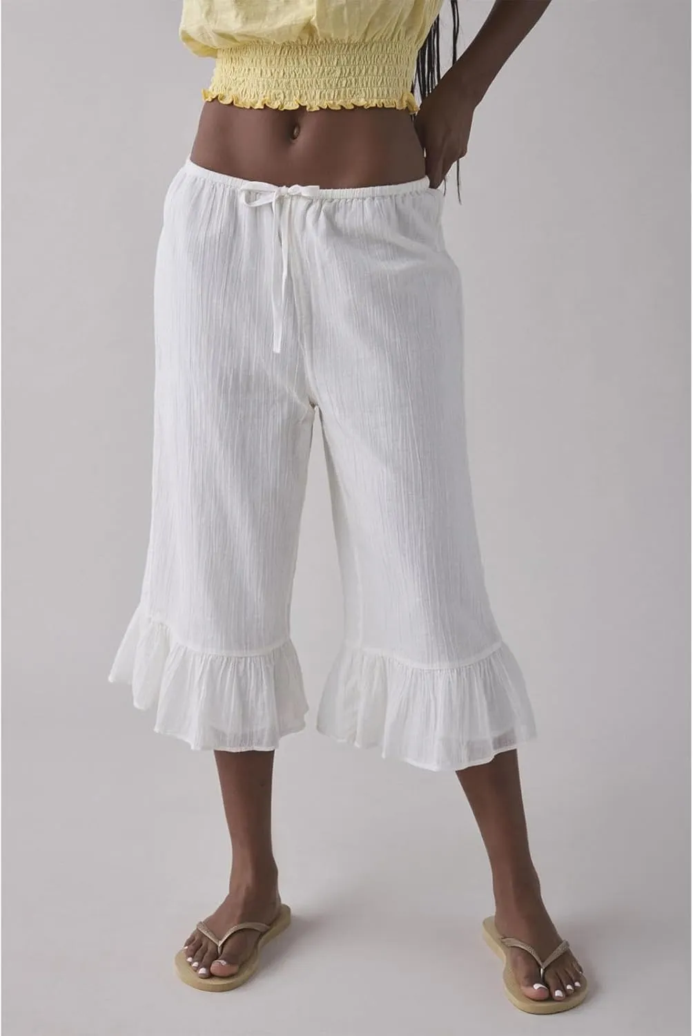 Capris Pants for Women Cotton Linen Wide Leg Drawstring Elastic Waist Ruffled Hem Lounge Beach Cropped Trousers