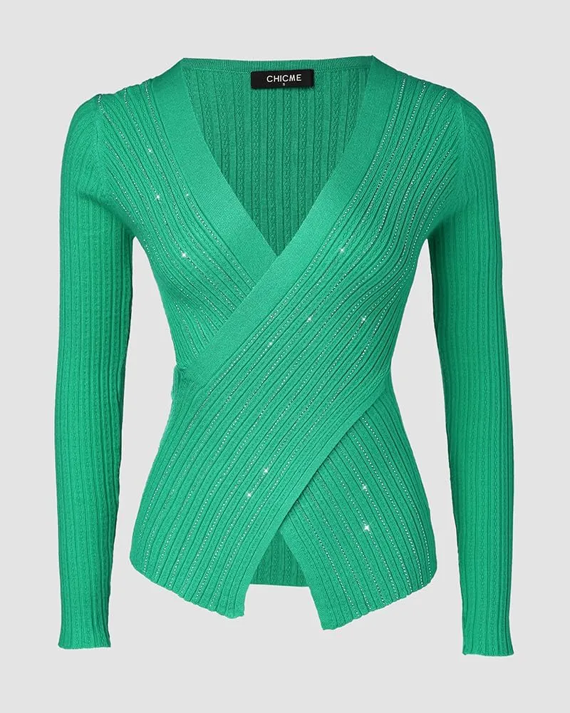 Chic Me Womens Knit Sweaters Long Sleeve Pullover Rhinestone Decor Criss Cross Knit Sweater