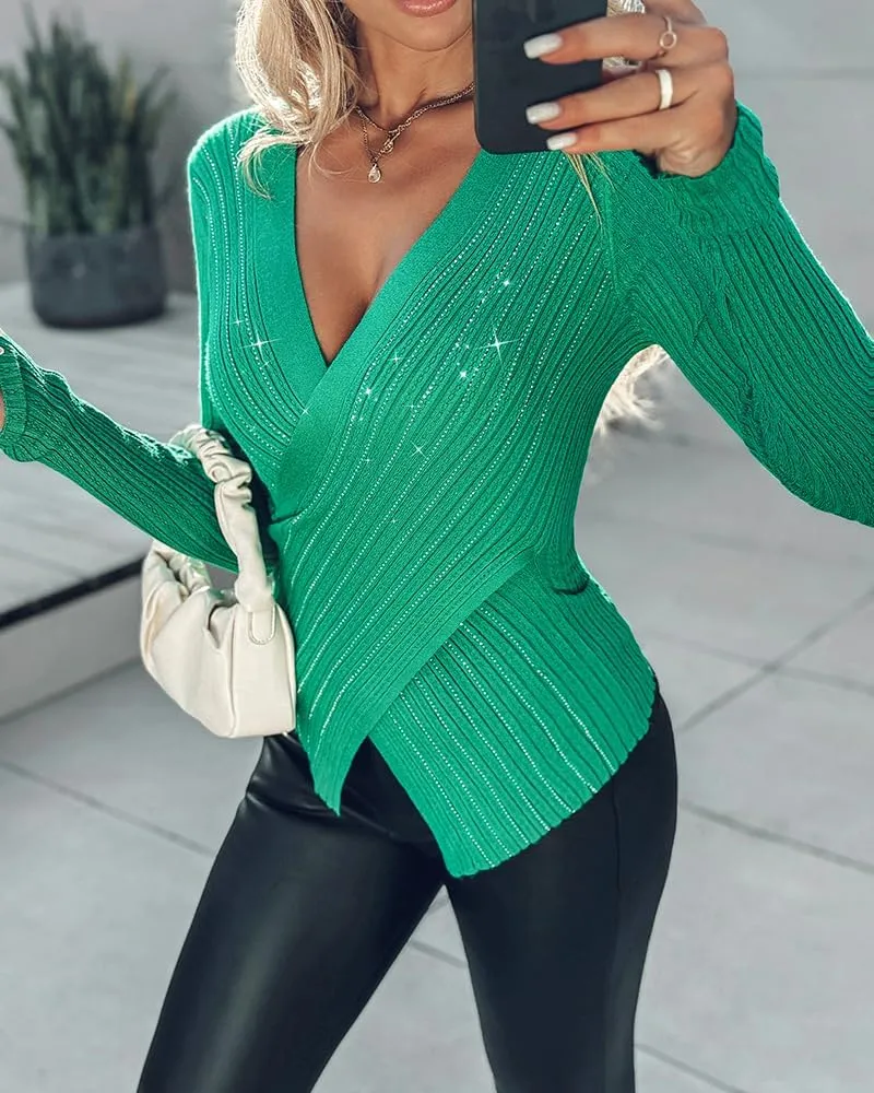 Chic Me Womens Knit Sweaters Long Sleeve Pullover Rhinestone Decor Criss Cross Knit Sweater