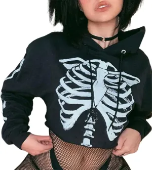 Chloefairy Women's Skeleton Print Crop Top Gothic Punk Hoodies Bandage Casual Pullover Long Sleeve Relaxed Fit Sweatshirts