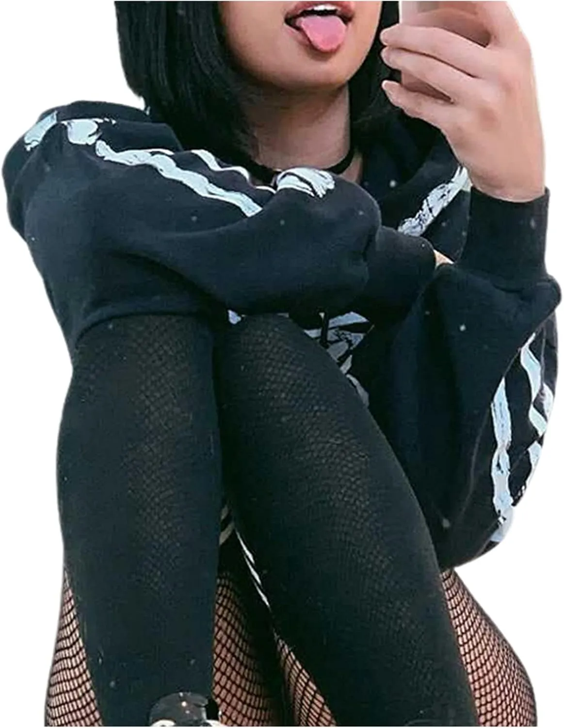 Chloefairy Women's Skeleton Print Crop Top Gothic Punk Hoodies Bandage Casual Pullover Long Sleeve Relaxed Fit Sweatshirts