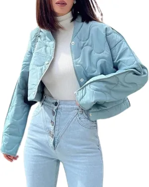 chouyatou Women Winter Warm Puffer Padded Jacket Quilted Down Button Down Collarless Cropped Short Coats