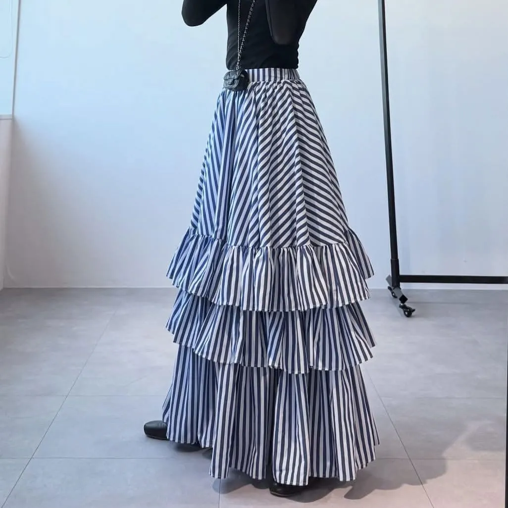 chouyatou Women's Elegant Ruffle Tiered Skirt Striped Elastic Waist Layered A Line Maxi Long Skirt