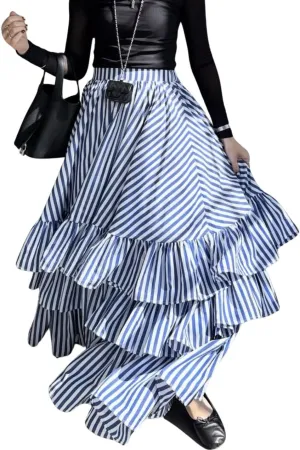 chouyatou Women's Elegant Ruffle Tiered Skirt Striped Elastic Waist Layered A Line Maxi Long Skirt