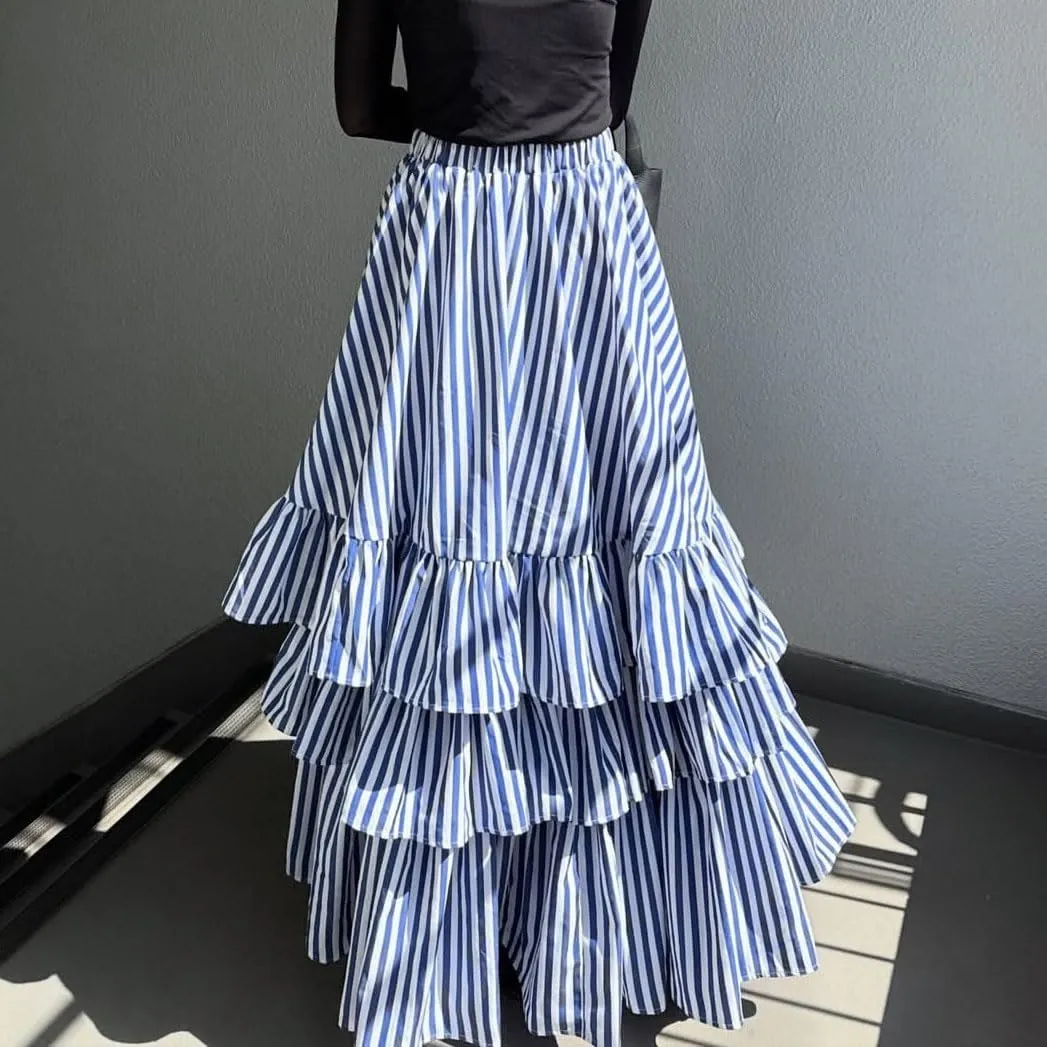 chouyatou Women's Elegant Ruffle Tiered Skirt Striped Elastic Waist Layered A Line Maxi Long Skirt
