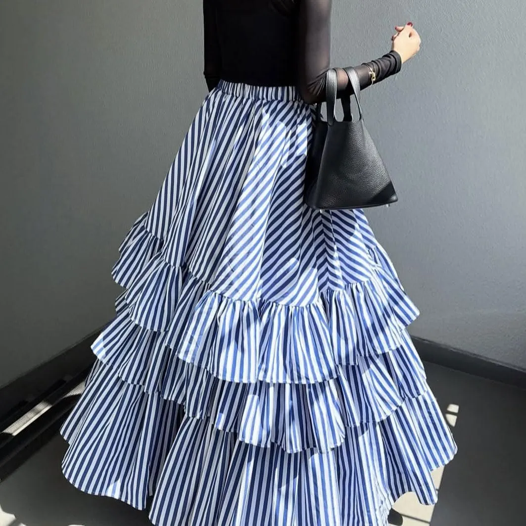 chouyatou Women's Elegant Ruffle Tiered Skirt Striped Elastic Waist Layered A Line Maxi Long Skirt