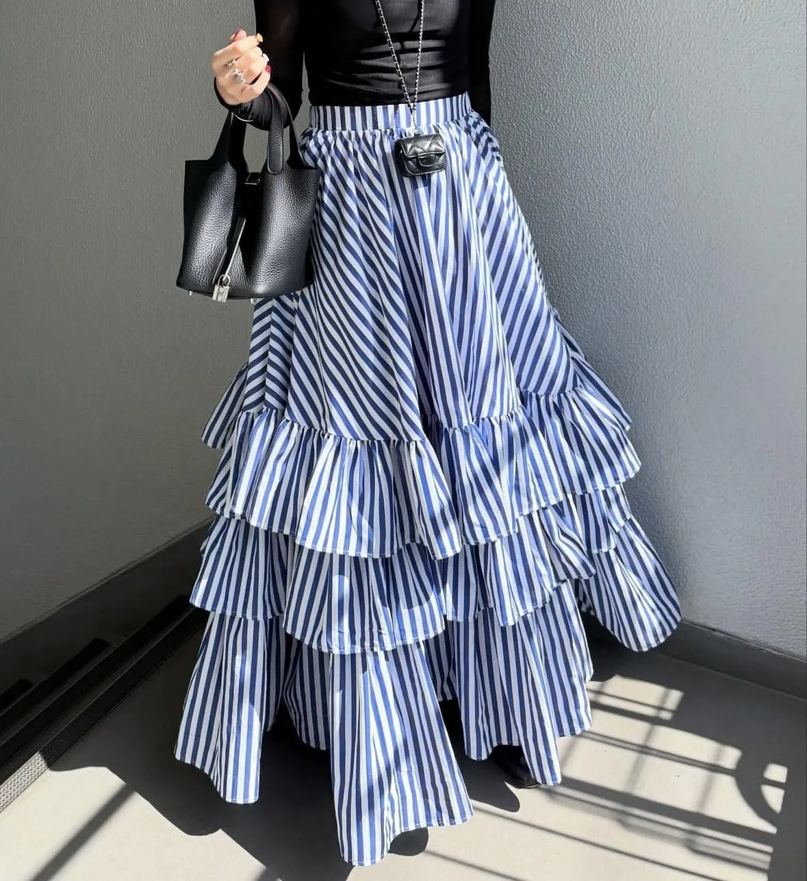 chouyatou Women's Elegant Ruffle Tiered Skirt Striped Elastic Waist Layered A Line Maxi Long Skirt