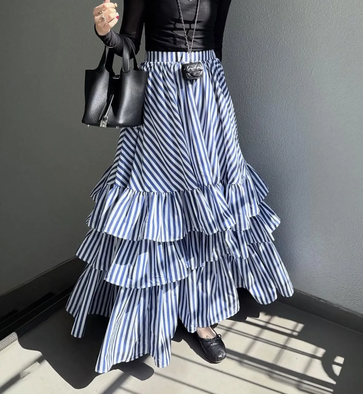 chouyatou Women's Elegant Ruffle Tiered Skirt Striped Elastic Waist Layered A Line Maxi Long Skirt
