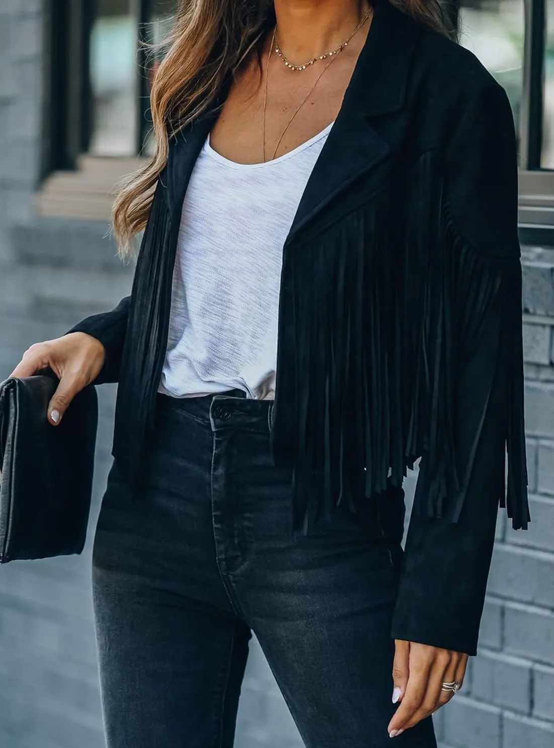chouyatou Women's Fashion Notched Collar Open-Front Fringed Performance Moto Faux Suede Leather Crop Jacket Coat