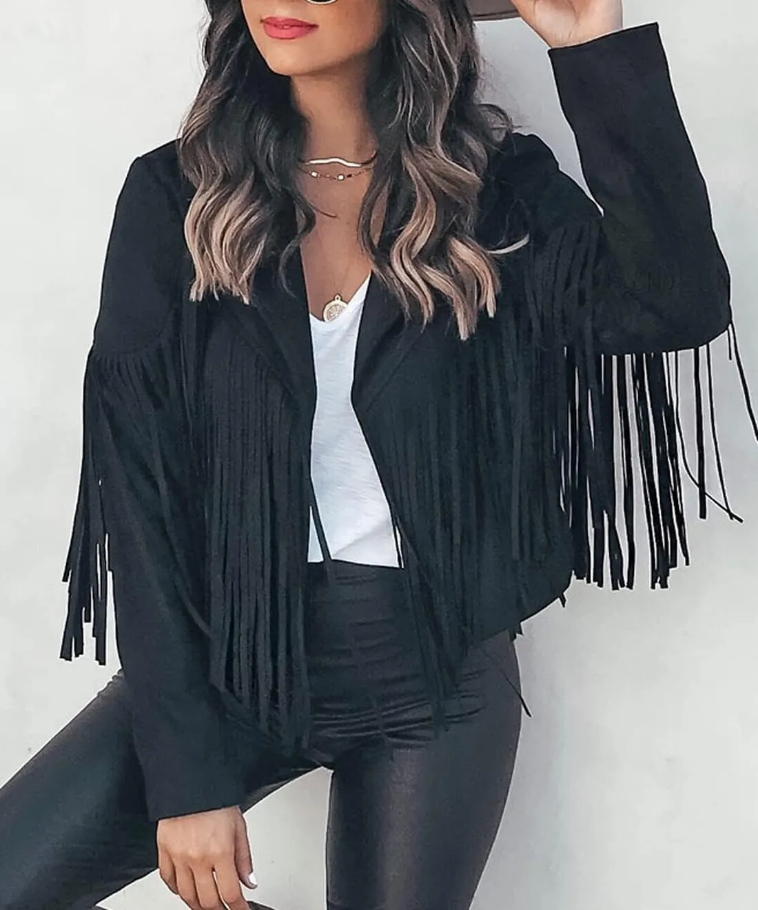 chouyatou Women's Fashion Notched Collar Open-Front Fringed Performance Moto Faux Suede Leather Crop Jacket Coat