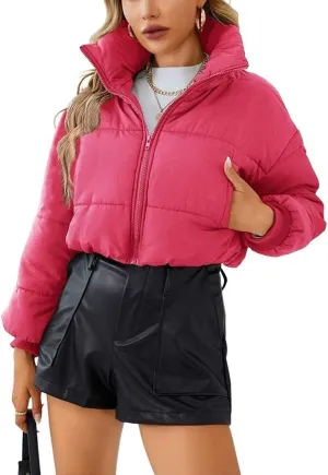 chouyatou Women's Winter Cropped Puffer Jacket Zip Stand Collar Quilted Down Jacket