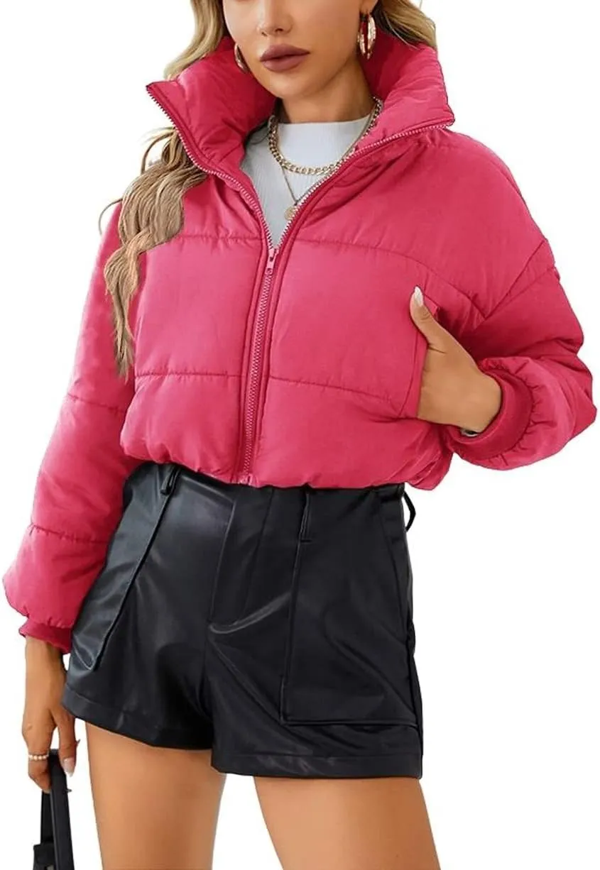chouyatou Women's Winter Cropped Puffer Jacket Zip Stand Collar Quilted Down Jacket