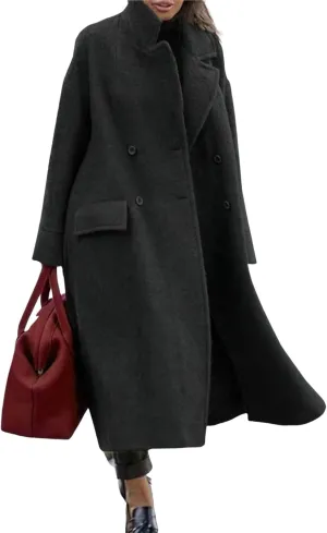 chouyatou Women's Winter Double Breasted Wool Blend Pea Coat Loose Fit Business Casual Wool Coat
