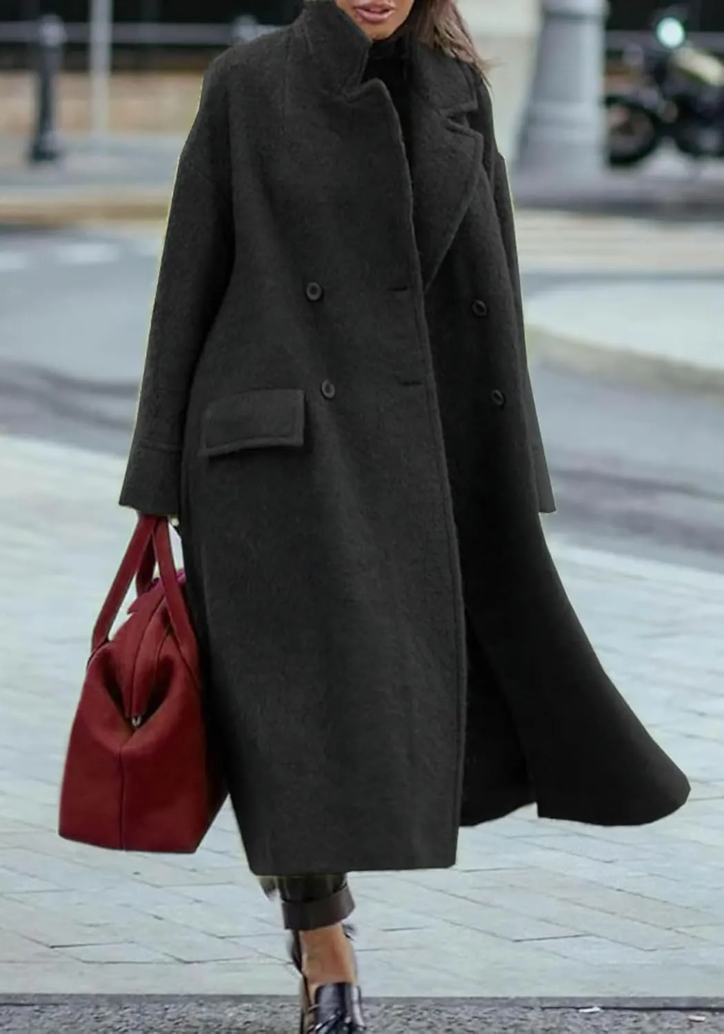 chouyatou Women's Winter Double Breasted Wool Blend Pea Coat Loose Fit Business Casual Wool Coat