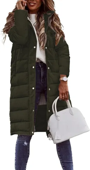 chouyatou Women's Winter Quilted Hooded Long Puffer Jacket Zip Up Button Down Padded Puffy Down Coat
