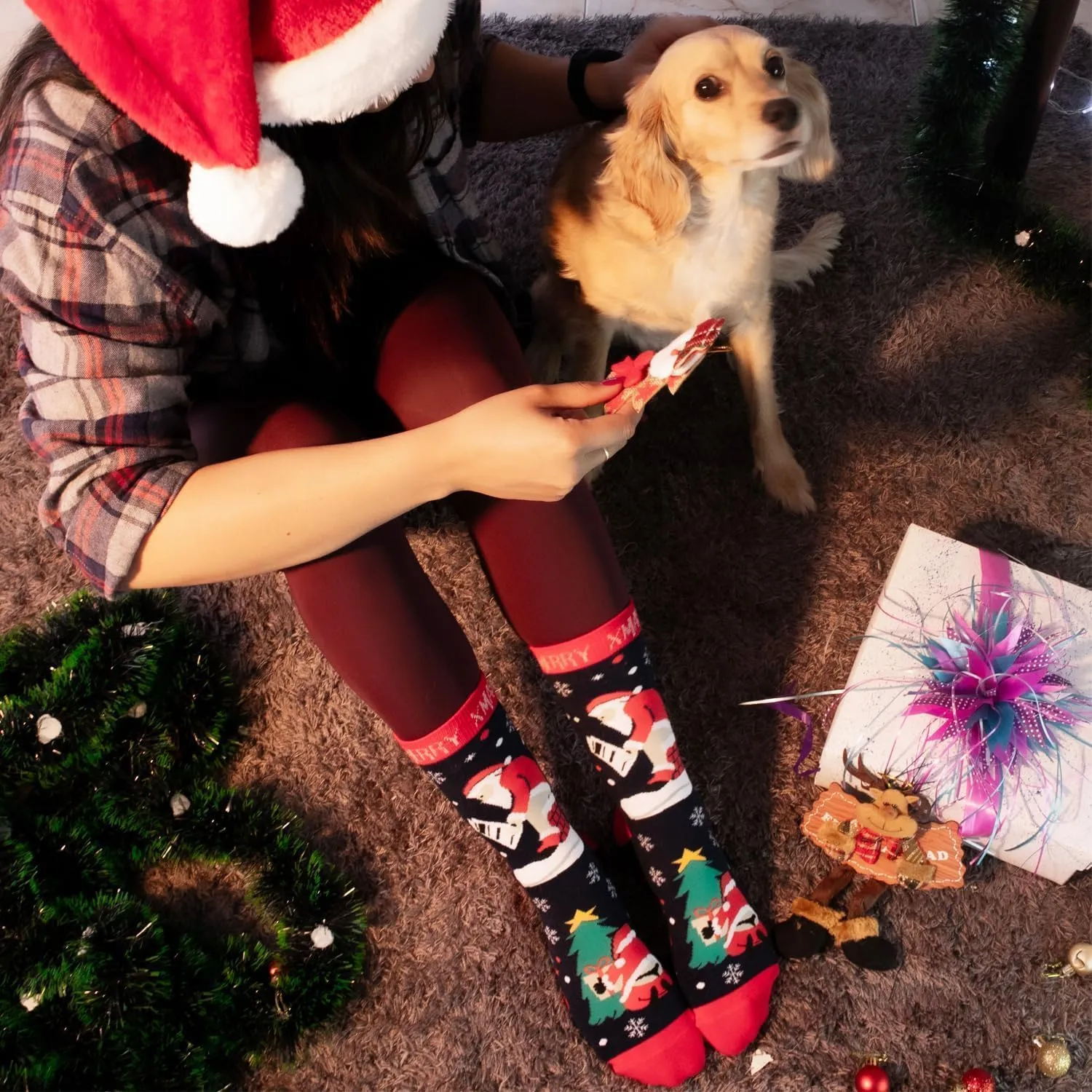 Christmas Socks for Men Women, Colorful Fun Cute Socks with Santas Reindeer Candy Canes Pattern,Xmas Novelty Socks