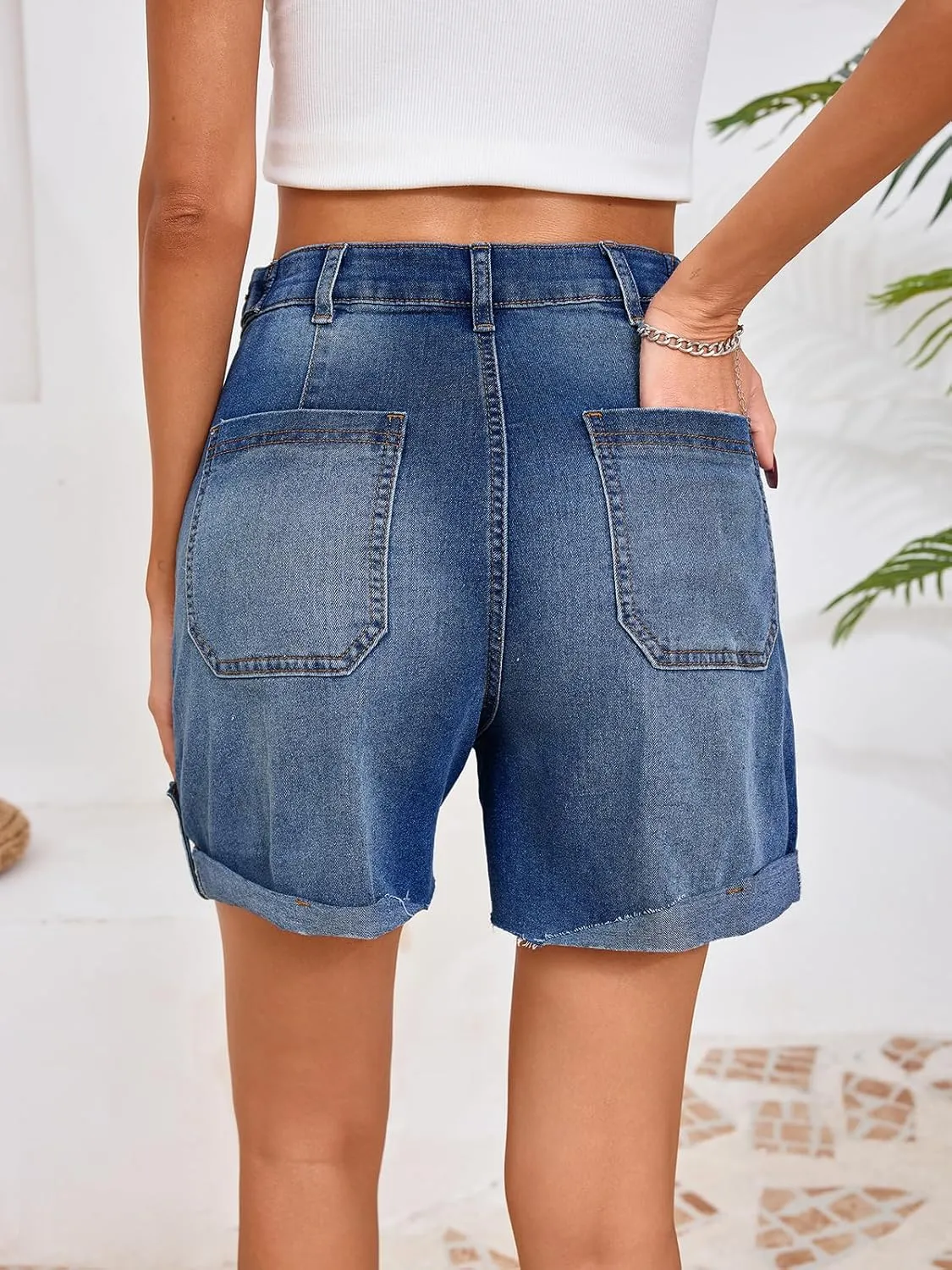 Cicy Bell Womens Baggy High Waisted Jean Shorts Summer Straight Leg Jorts Stretchy Button Adjustable Rolled Hem Denim Shorts