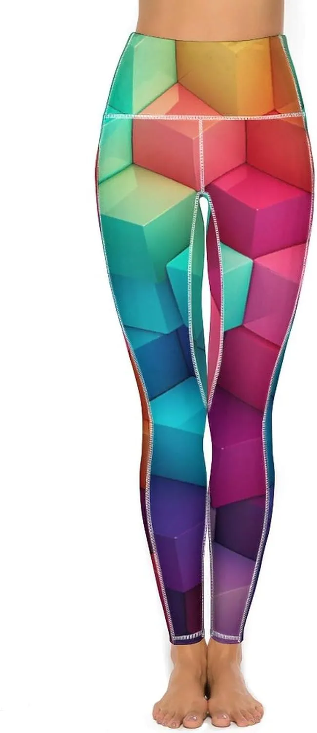 Color Cubes Women's Yoga Pants Leggings with Pockets High Waist Compression Workout Pants