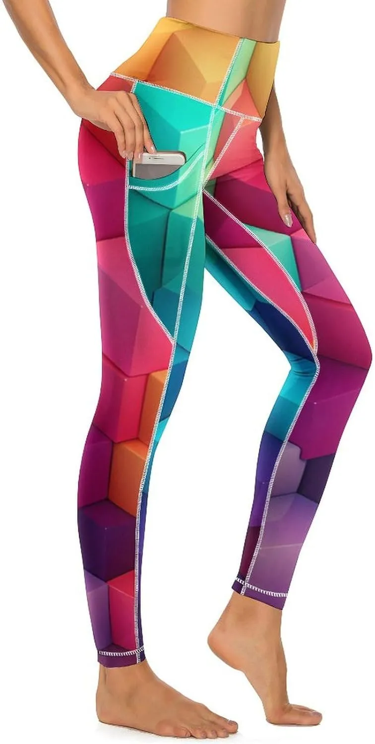 Color Cubes Women's Yoga Pants Leggings with Pockets High Waist Compression Workout Pants