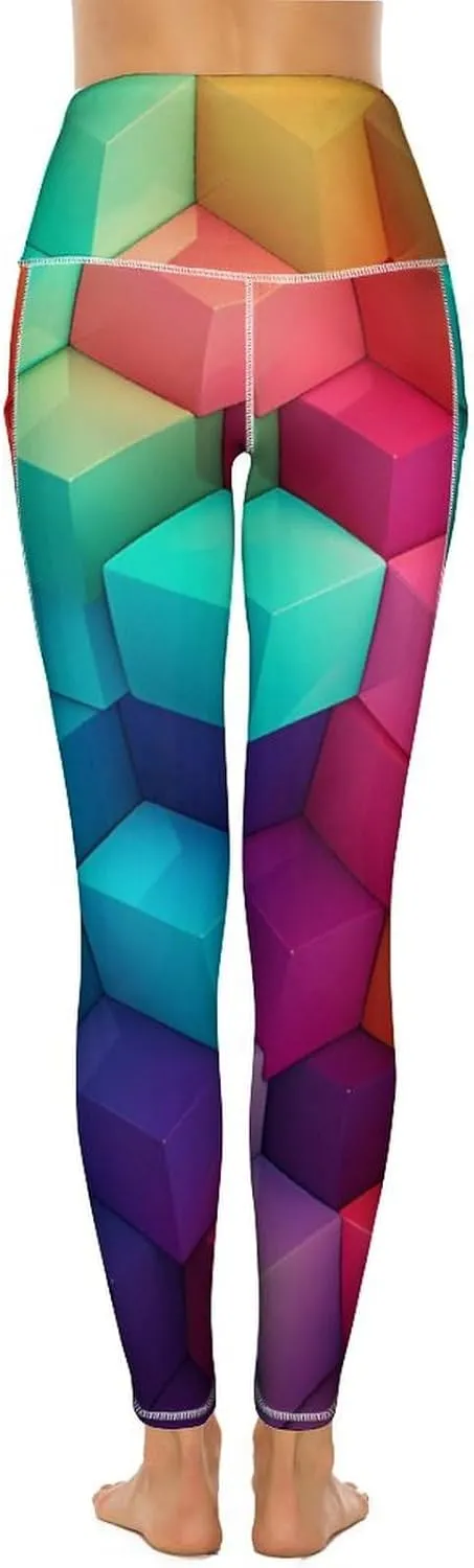 Color Cubes Women's Yoga Pants Leggings with Pockets High Waist Compression Workout Pants