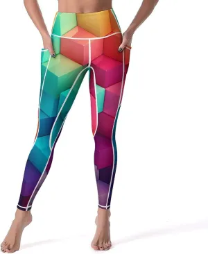 Color Cubes Women's Yoga Pants Leggings with Pockets High Waist Compression Workout Pants