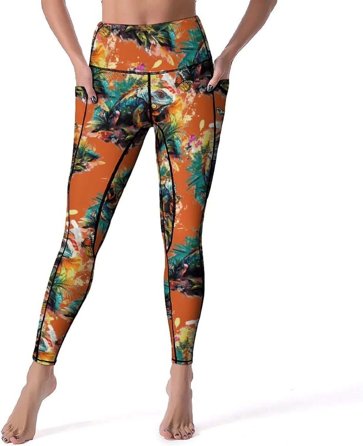 Colorful Lizard Butterfly Watercolor Women's Yoga Pants Leggings with Pockets High Waist Compression Workout Pants