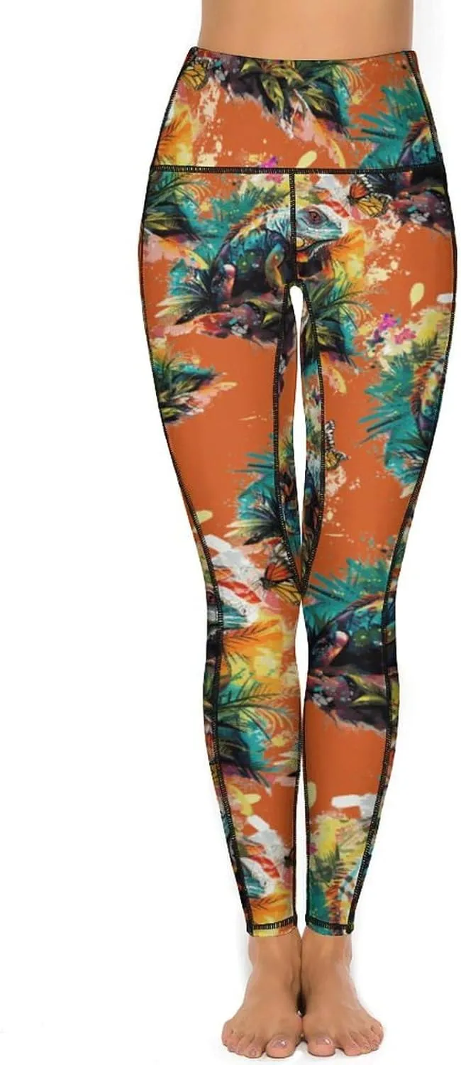 Colorful Lizard Butterfly Watercolor Women's Yoga Pants Leggings with Pockets High Waist Compression Workout Pants