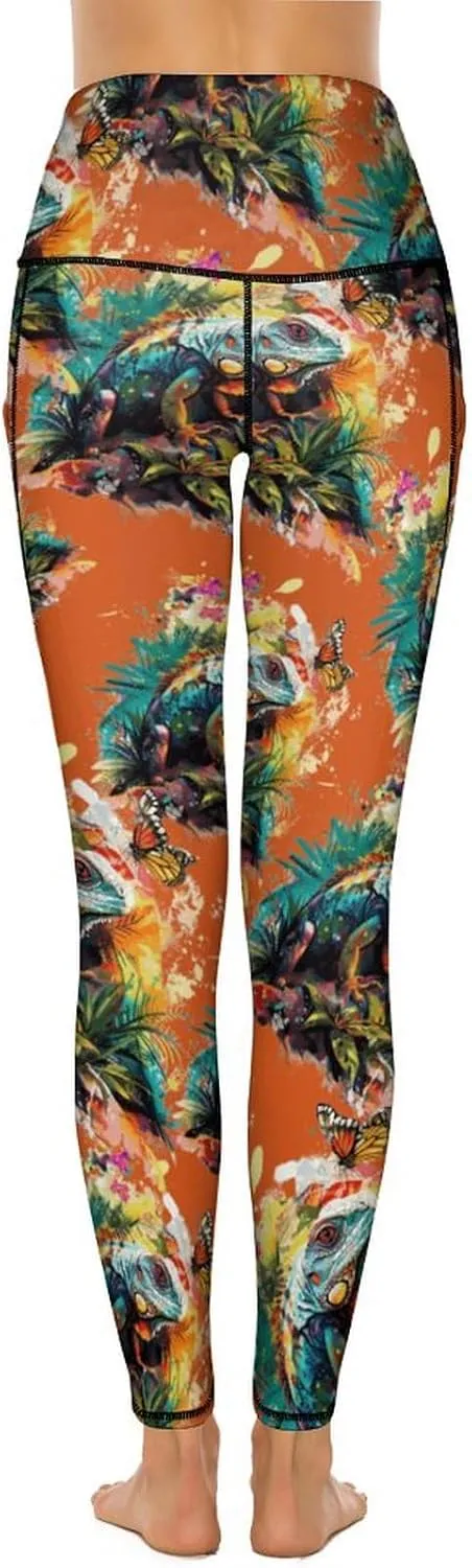 Colorful Lizard Butterfly Watercolor Women's Yoga Pants Leggings with Pockets High Waist Compression Workout Pants
