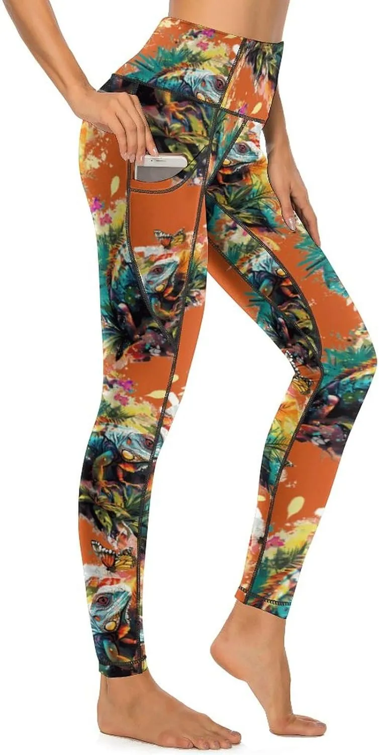 Colorful Lizard Butterfly Watercolor Women's Yoga Pants Leggings with Pockets High Waist Compression Workout Pants