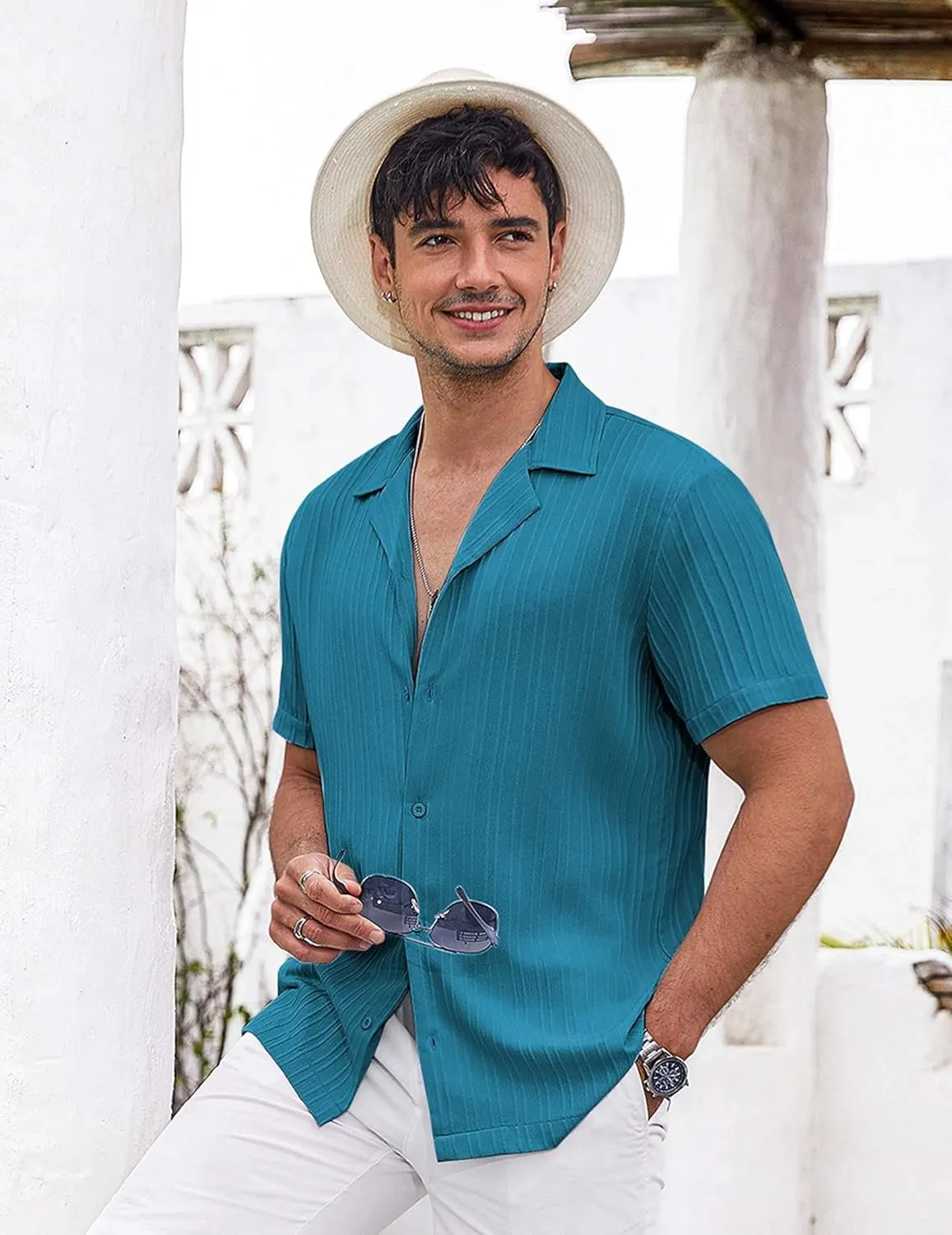 COOFANDY Men's Casual Shirts Short Sleeve Button Down Shirts Fashion Textured Summer Beach Shirt
