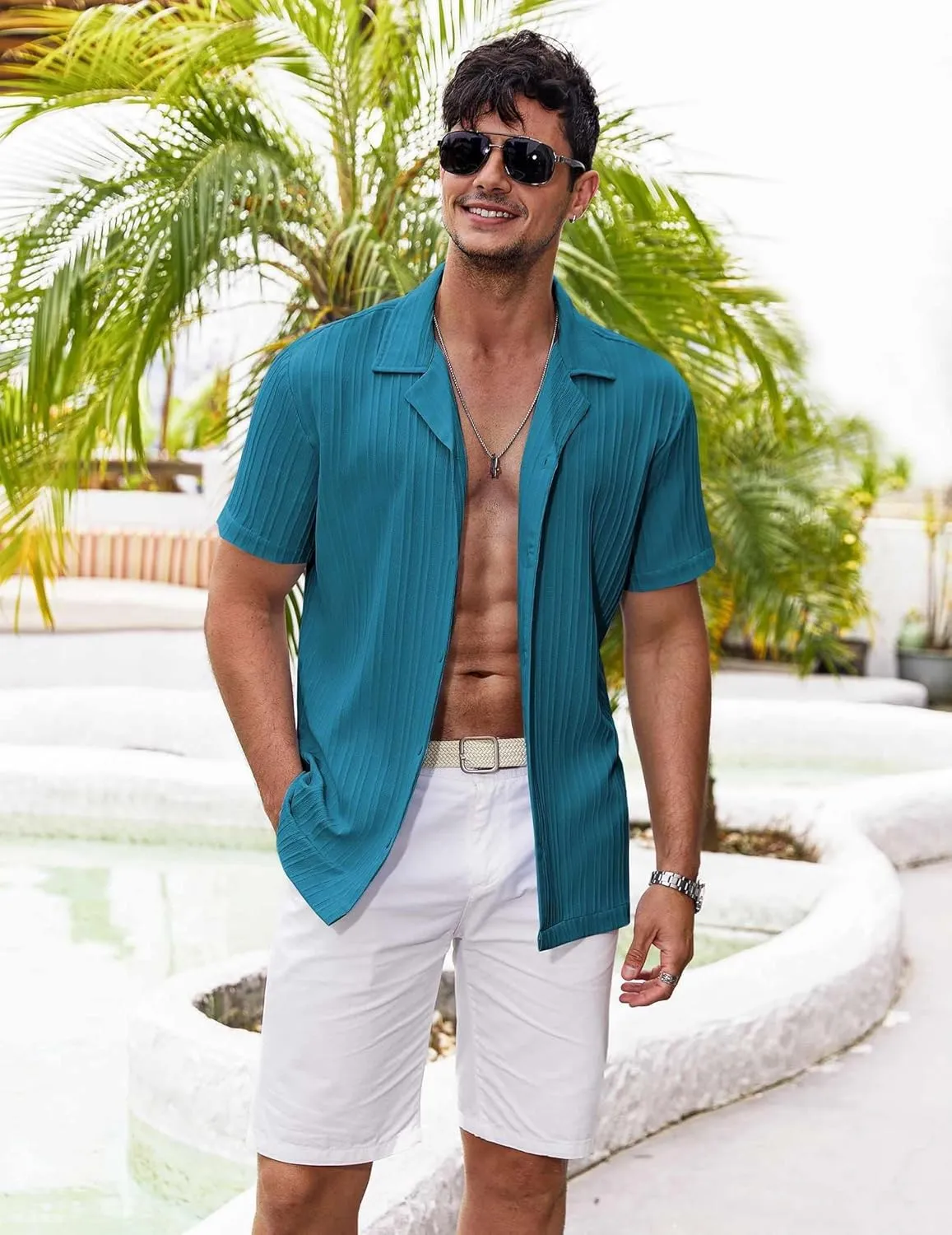COOFANDY Men's Casual Shirts Short Sleeve Button Down Shirts Fashion Textured Summer Beach Shirt