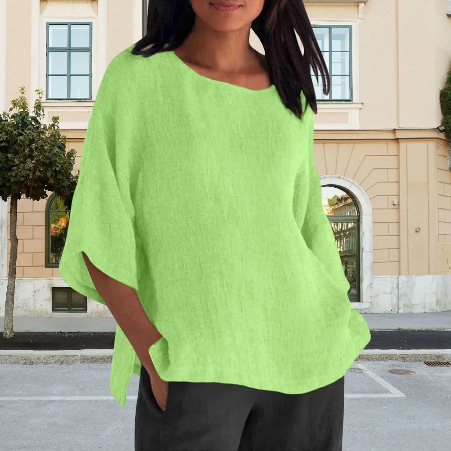 Cotton Linen Shirts for Women Summer Casual Crewneck Pullover Tops Comfy Loose Women's Short Sleeve T Shirt